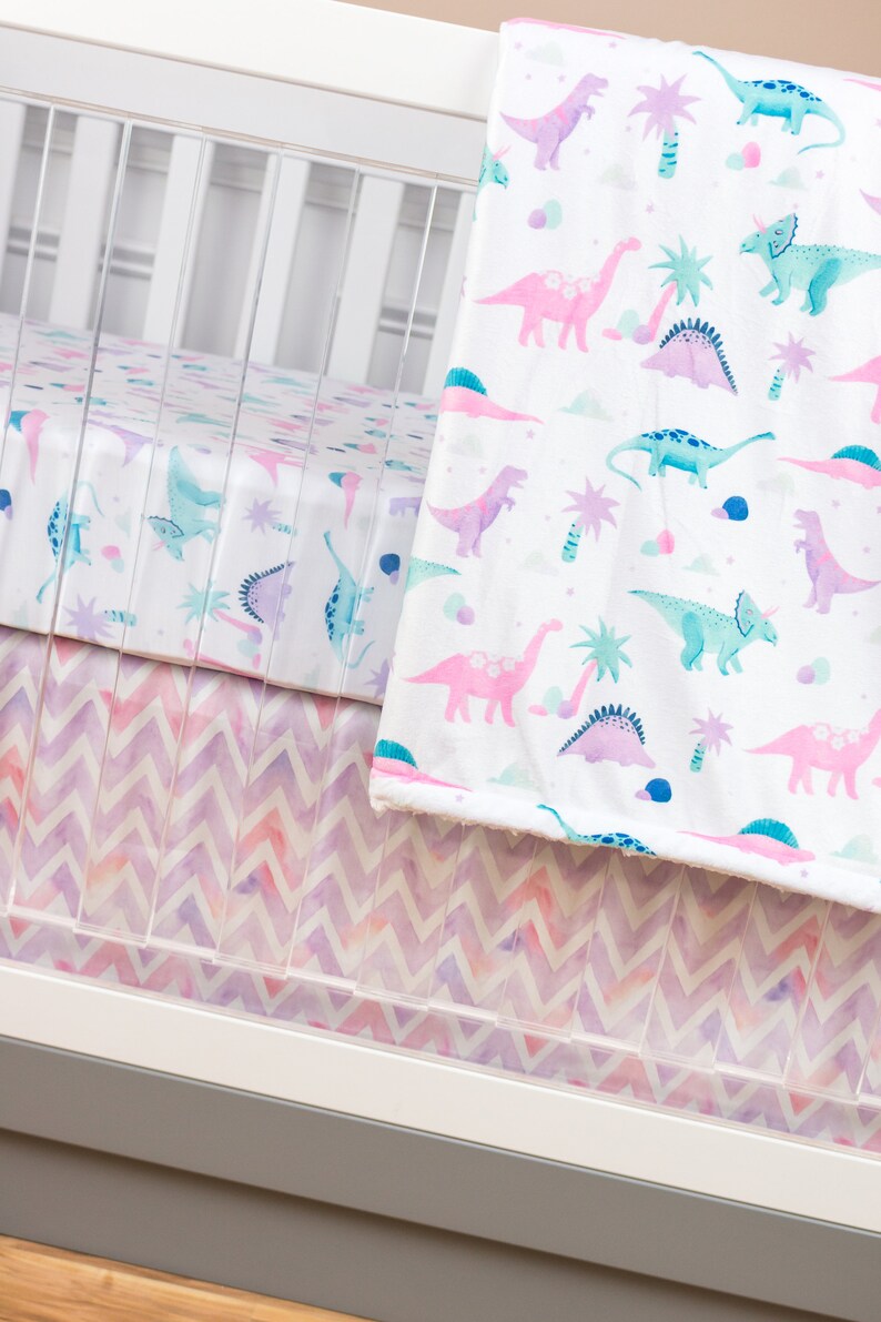 Dinosaur Crib Bedding Baby Girl Nursery Pink Purple Mint Etsy