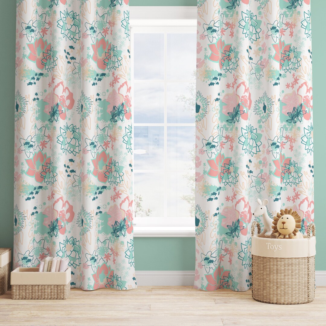 Beachy Girl Room Curtains, Girl Nursery Curtains, Ocean Floral Nursery Decor, Blackout Curtain