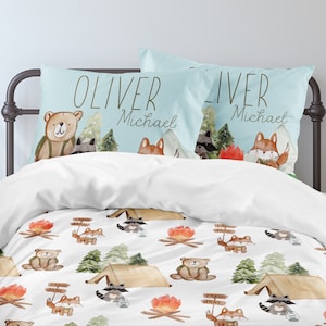 Woodland Camper Bedding Set, Forest Bedroom, Camping Boys Bedding, Comforter, Duvet Cover, Toddler, Twin, Full, Queen, King, Pillowcase