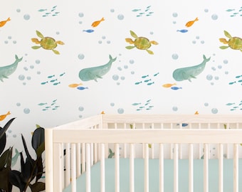 Watercolor Sea Creatures Peel and Stick Wallpaper for your Ocean Kids Room or Neutral Baby Nursery