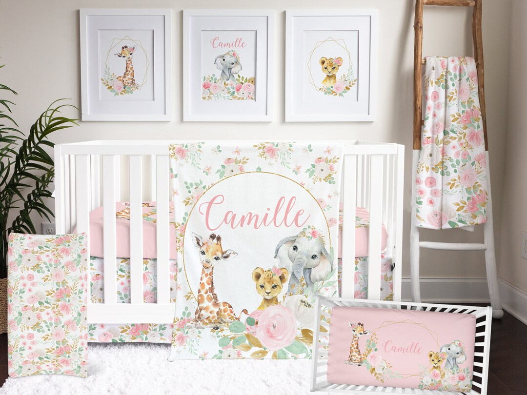 Floral Crib Bedding, Safari Baby Girl Nursery Decor, Baby Shower Gift
