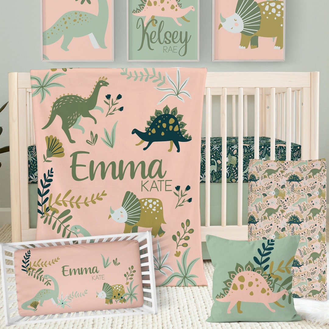 Baby Girl Crib Bedding Set, Girl Dinosaur Nursery Decor, Pink Dino Baby