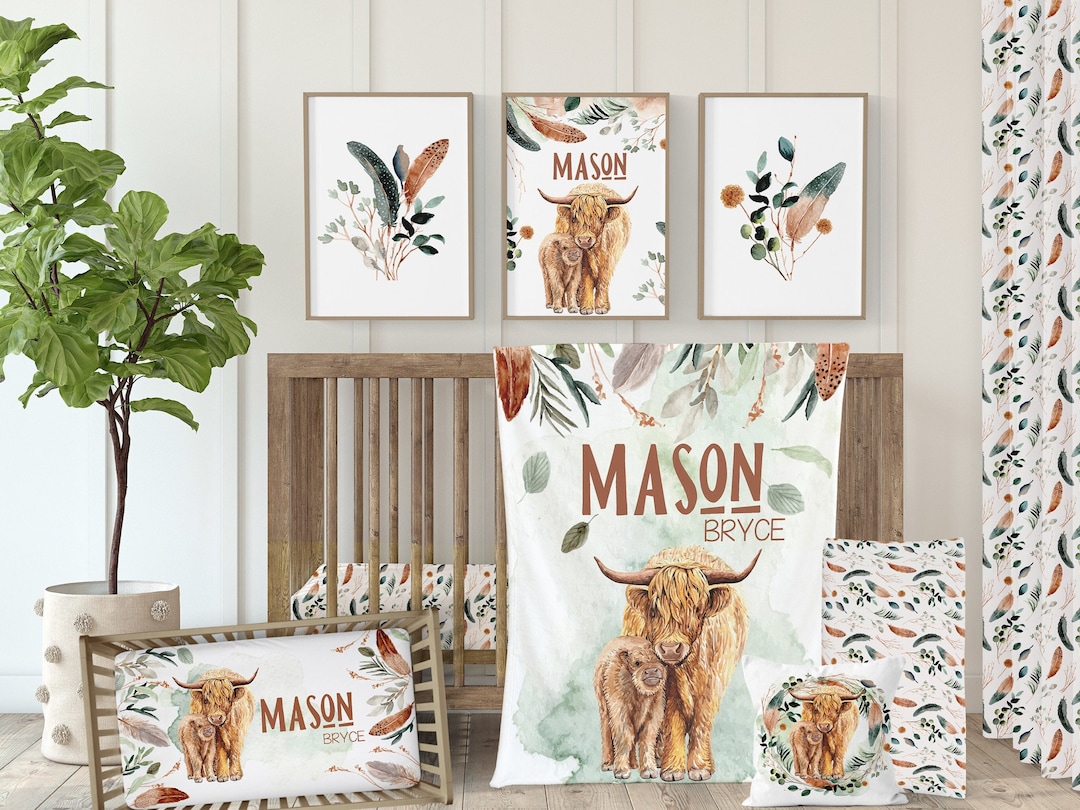 Highland Cow Crib Bedding Set for Baby Boy Nursery, Greenery Nursery