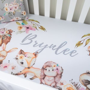 Woodland Girl Crib Sheet, Deer Crib Sheet, Toddler Sheet, Baby Bedding Crib Set, Personalized, Custom, Changing Pad Cover, Fox, Bear image 2