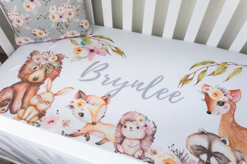 Woodland Girl Crib Sheet, Deer Crib Sheet, Toddler Sheet, Baby Bedding Crib Set, Personalized, Custom, Changing Pad Cover, Fox, Bear image 2