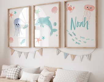 Ocean Nursery Wall Art Prints for your Baby Boy Nursery, Gender Neutral, Dolphin, Octopus, Toddler Room Art, Boys Room Wall Decor, Fish