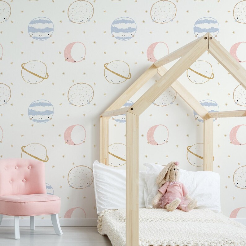 Pastel Starry Night Peel and Stick Wallpaper for Baby Girl Nursery or Girls Room in Baby Pink and Glitter Gold image 1