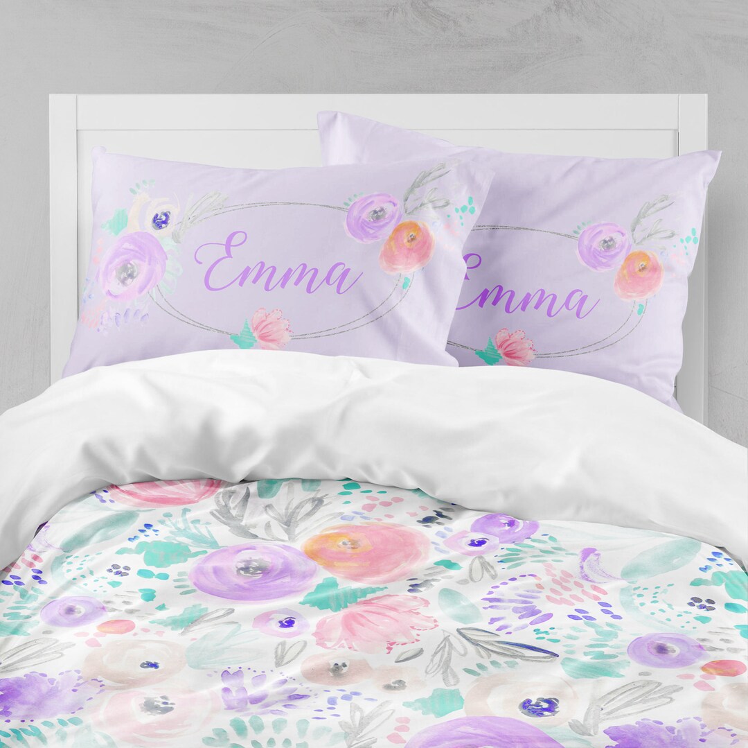 Purple Floral Girl Bedding Set, Watercolor Floral Duvet Cover, Floral