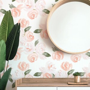 Wallpaper, Watercolor Floral, Removable, Peel and Stick, Pink, Peach, Blush, Floral Nursery, Wall Art, Girls Room, Vintage, Romantic
