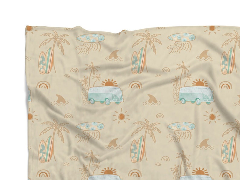 May include: A beige fabric with a repeating pattern of palm trees, surfboards, and vintage vans. The pattern is in shades of blue, orange, and brown.
