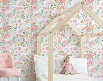 Självhäftande tapet, Baby Girl-barnrumstapet, akvarellblommor, rosa, grönt, guld, flickrumsinredning, avtagbar, väggmålning