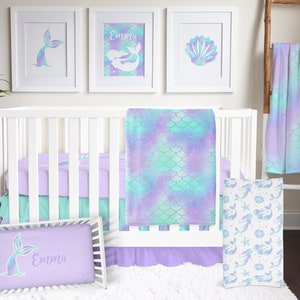 Baby Girl Crib Bedding Set, Mermaid Nursery, Purple and Teal, Ruffled Crib Skirt, Personalized Crib Sheet, Mermaid Scales, Changing Pad