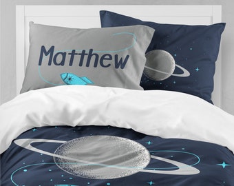 Outer Space Boys Room, Bedding Set, Twin, Full, Queen, Saturn, Rocketship, Solar System, Comforter, Duvet Cover, Pillowcase Set, Navy, Blue