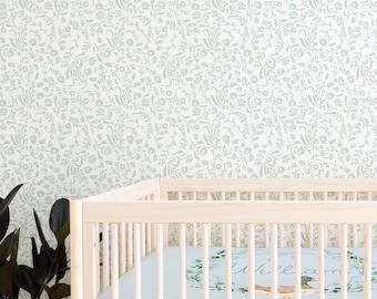 Sage Green Floral Peel and Stick Nursery Wallpaper: Cottagecore Decor