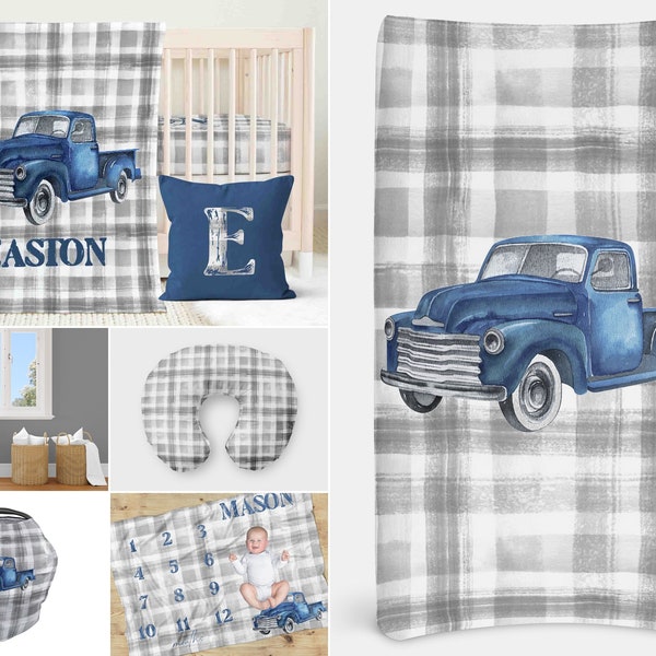 Vintage Truck Crib Bedding Set, Plaid Baby Boy Bedding, Antique Truck, Auto, Crib Sheet, Nursery Pillow, Baby Blanket, Farmhouse Nursery