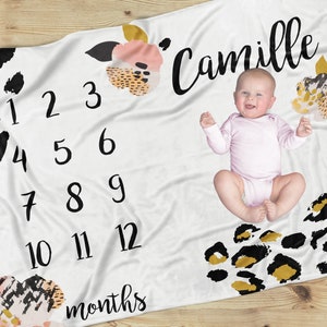 Leopard Floral Milestone Blanket for Baby Girl, Months, Personalized with Name, Coral, Black, Gold Minky Baby Blanket, Baby Shower Gift