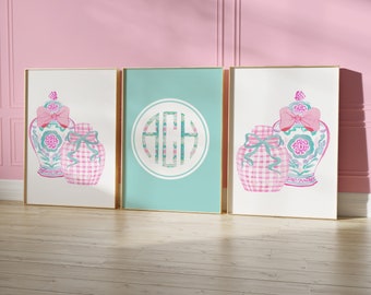 Preppy Wall Art for your Baby Girl Nursery, Toddler Room, or Teen Girl Room | Chinoiserie Ginger Jar and Monogrammed Art Print | Pink, Aqua