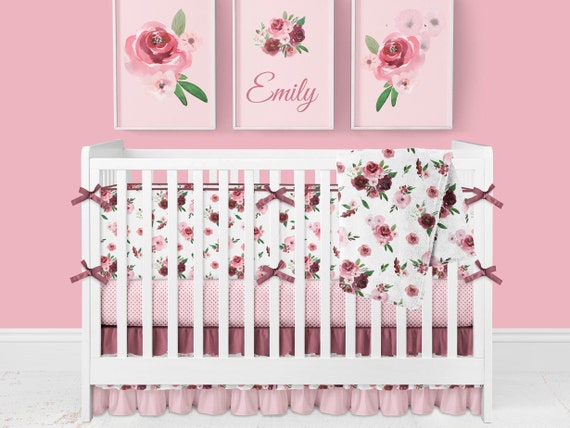 Floral Crib Bedding Baby Girl Nursery Pink Burgundy Red Etsy