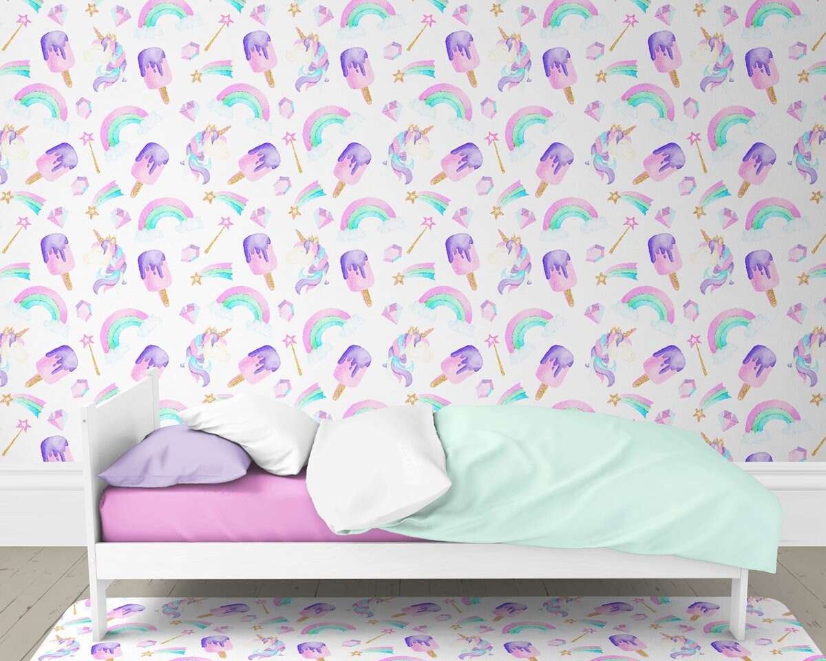 Removable Water-Activated Wallpaper Unicorn Baby Girl Nursery Girls Kids Removable Water-Activated Wallpaper Unicorn Baby Girl Nursery Girls Kids