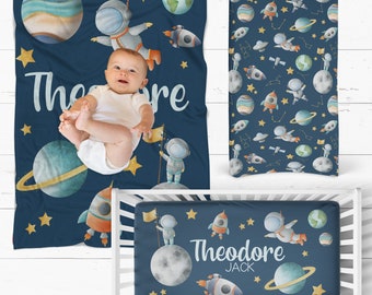 Outer Space Baby Blanket with Name | Solar System Crib Sheet or Astronaut Changing Pad Cover for Baby Boy Shower Gift Set
