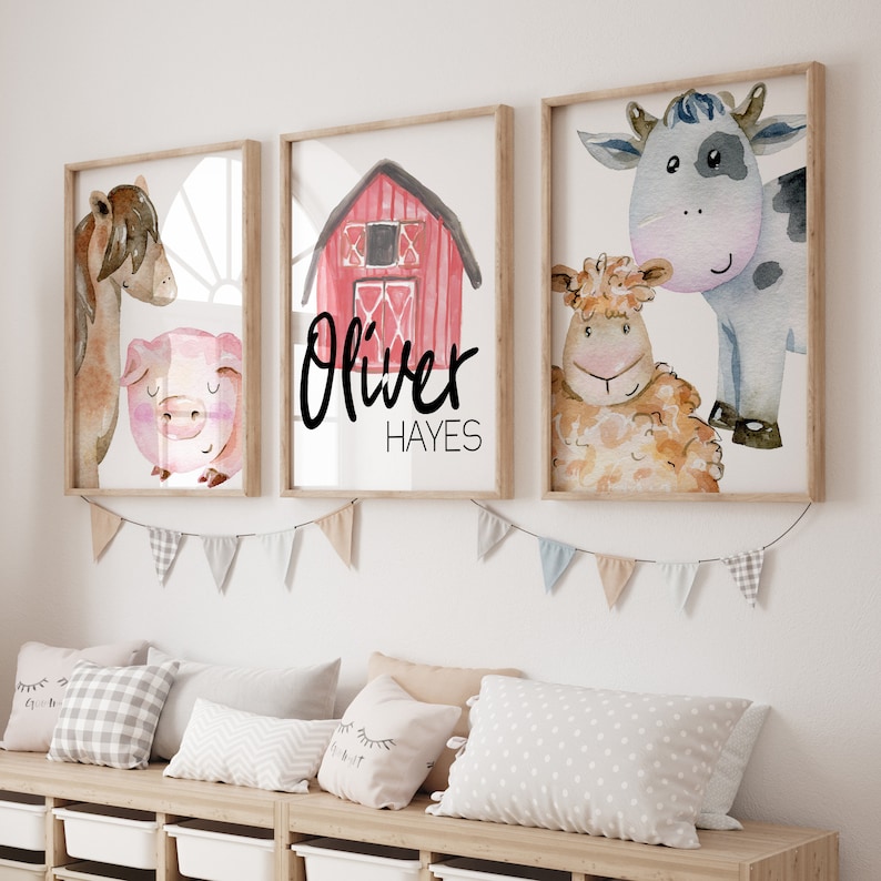 Farm Nursery Wall Art for your Baby Boy Nursery, Gender Neutral, Barn, Cow, Pig, Sheep, Horse, Toddler Room Art, Wall Decor, Crib Bedding image 1