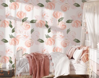 Peel and Stick Blush Floral Wallpaper, Blush Pink, Watercolor, Large Floral Mural, Nursery Wallpaper, Toddler Room Decor, Girls Room Decor