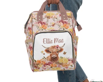 Personalized Baby Girl Diaper Bag, Backpack, Highland Cow, Fall Floral Nursery Decor, Baby Girl Shower Gift, Floral Diaper Bag, Western