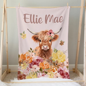 Kuh-Babydecke, personalisiertes Baby-Mädchen-Geschenk, Highland Cow-Kinderzimmerdekoration, Babyparty-Geschenk, Kinderdecke, Minky, Fleece, Sherpa, Herbstblumen Bild 1