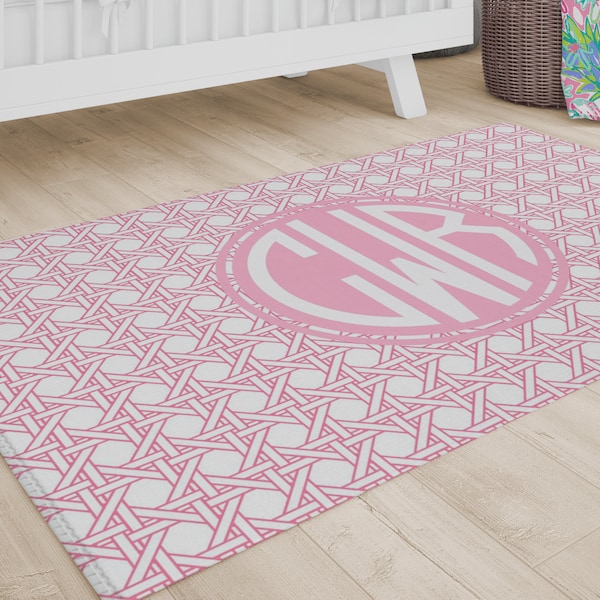 Preppy Monogrammed Nursery Rug, Pink Baby Girl Nursery, Tropical Nursery Decor, Toddler Girls Room, Crib Bedding Set, Wicker, Trellis