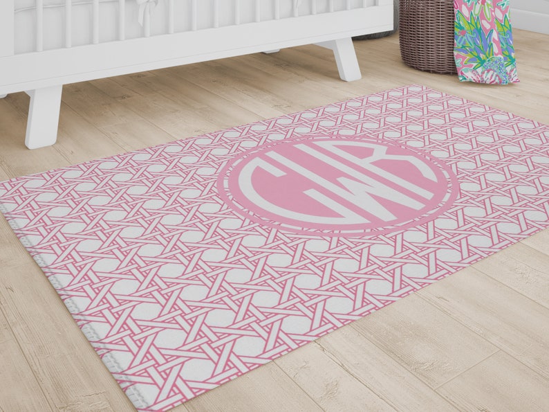 Monogrammed Nursery Rug: Pink Trellis, Preppy Baby Girl Decor image 1