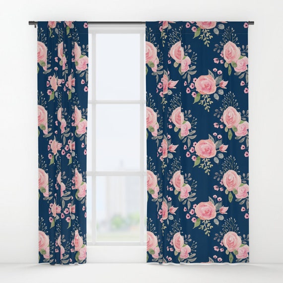 Nursery Curtain Floral Curtain Navy Coral Floral Curtain Etsy