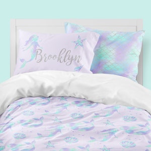 Mermaid Bedding, Twin Comforter, Duvet, Toddler, Mermaid Scales, Seashell, Kid Bedding Set, Queen, King, Pillowcase Set, Purple