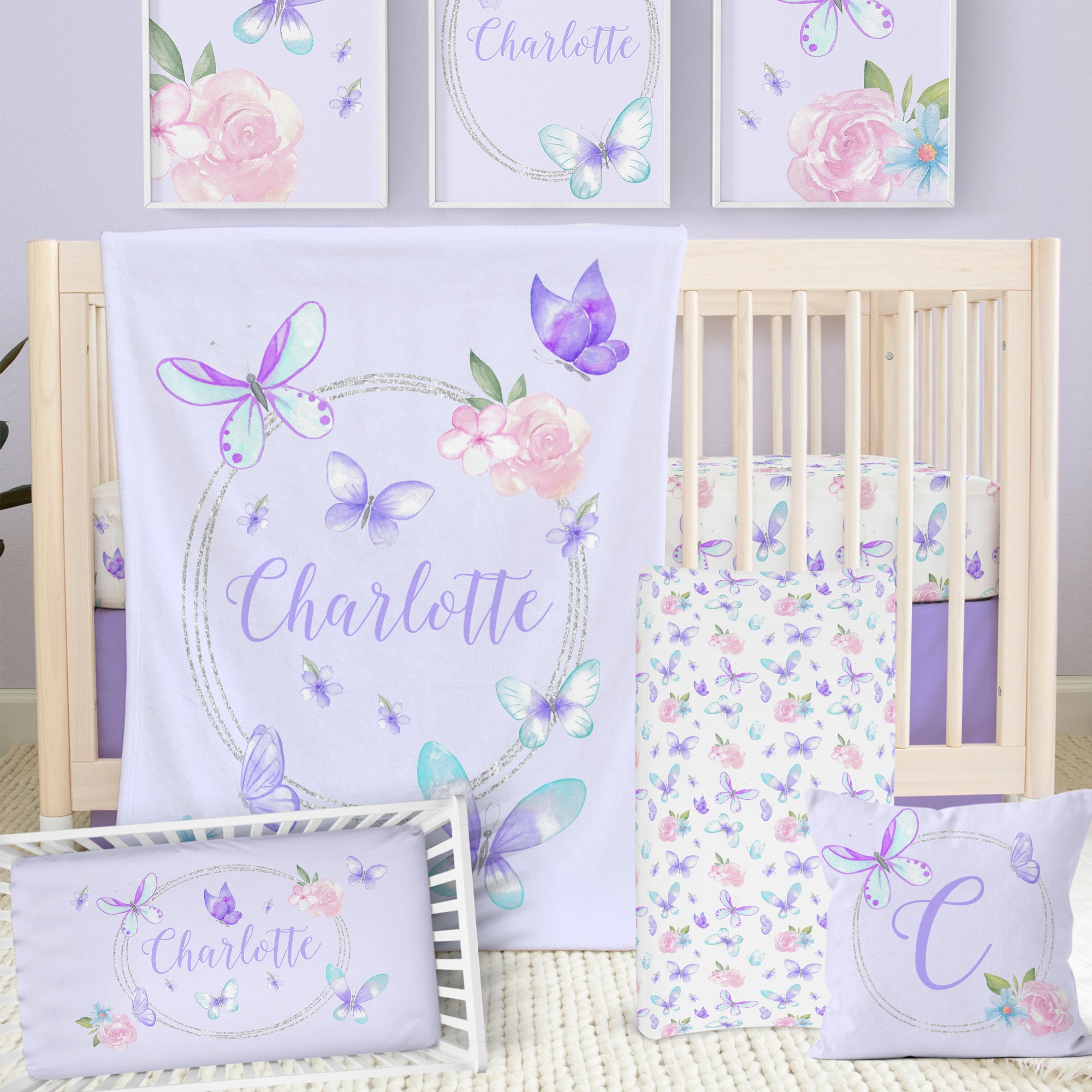 Baby Girl Crib Bedding Butterfly Baby Bedding Purple Aqua Pink Girl Nursery Decor Personalized Crib Sheet Baby Blanket Changing Pad Etsy Canada