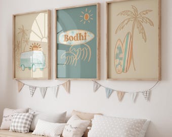 Boho Surfer Nursery Art Prints: Personalized Coastal Decor