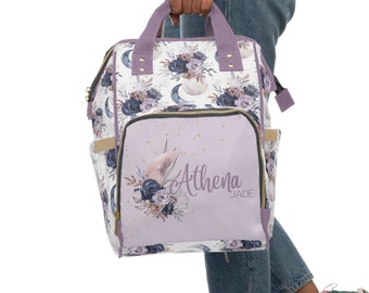 Personalized Baby Diaper Bag, Backpack, Purple, Moon Baby Decor, Baby Shower Gift, Moon Diaper Bag, Girl Baby Gift Idea, Floral Moon, Baby