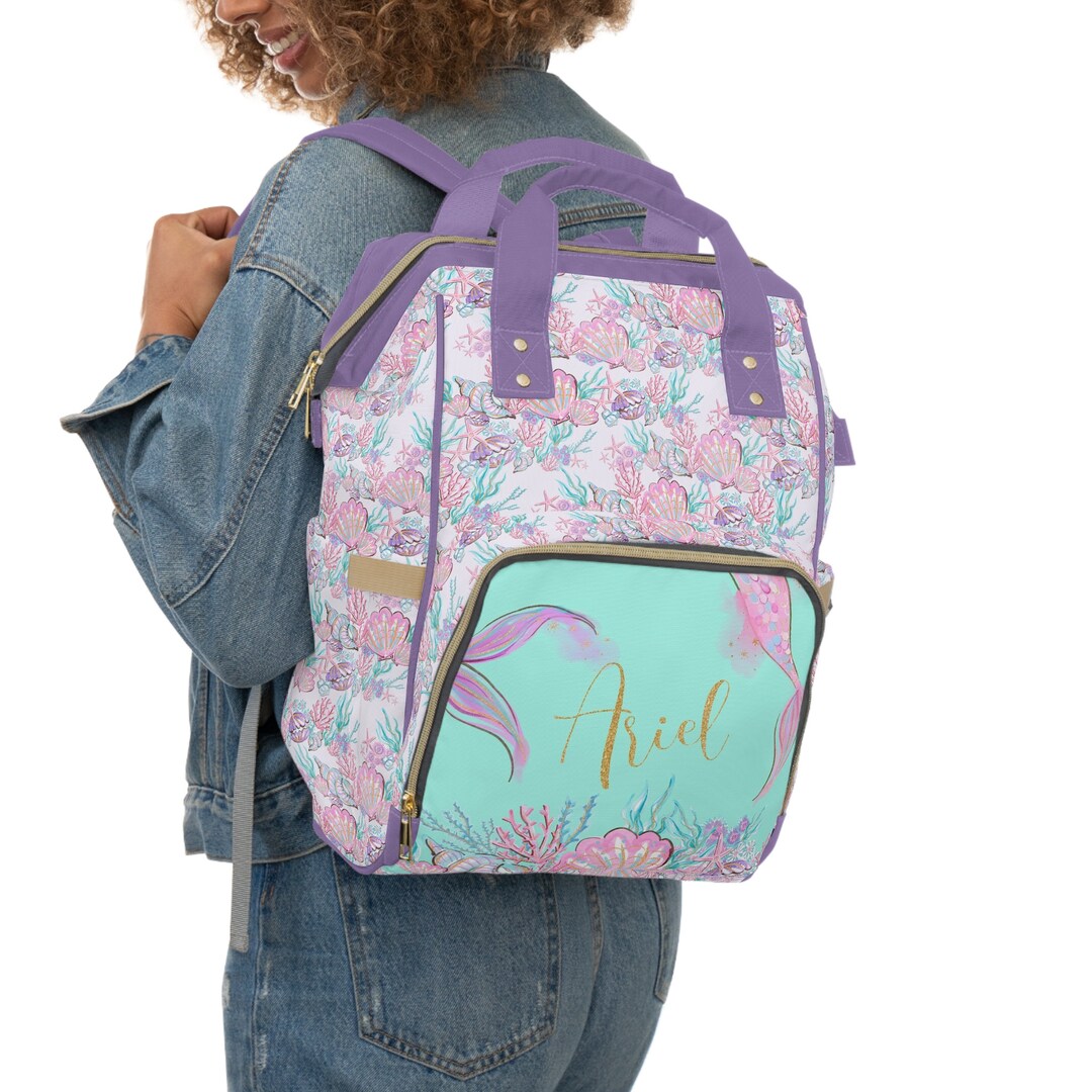 Personalized Baby Girl Diaper Bag, Backpack, Seashells, Purple Nursery