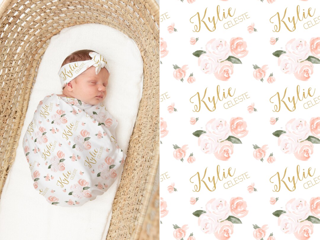 Pink and Gold Watercolor Floral Swaddle Blanket and Headband Set