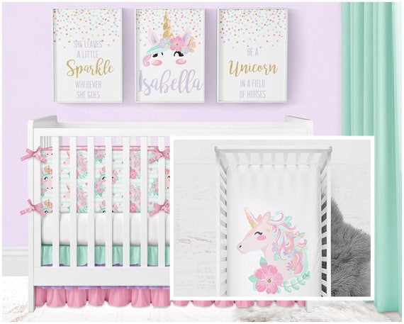 mint and pink crib bedding