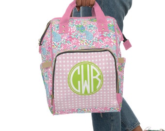 Personalized Preppy Diaper Bag, Backpack, Baby Girl, Tropical Nursery Decor, Baby Girl Shower Gift, Pineapple Diaper Bag, Pink and Lime
