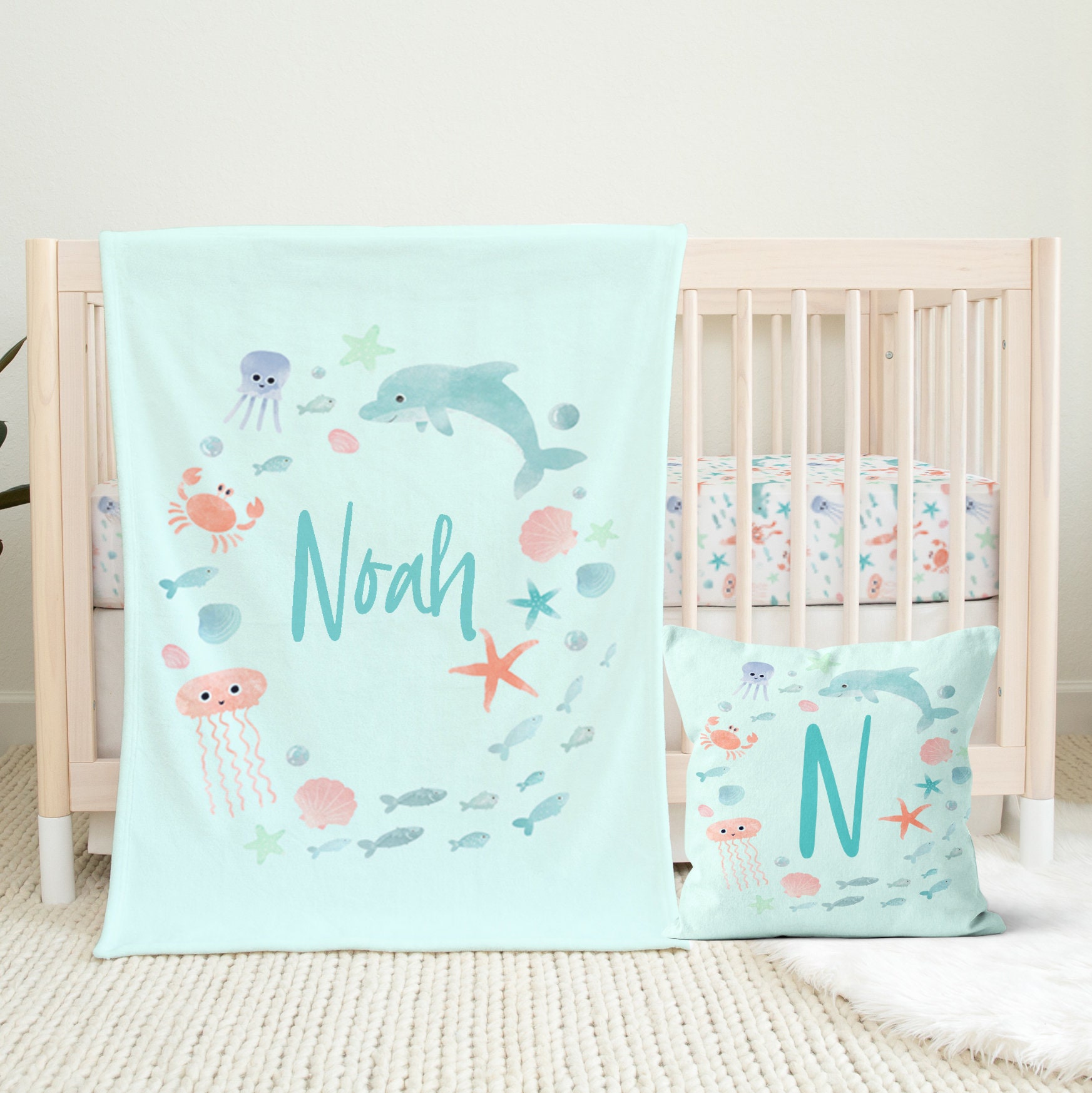 Sea Creature Baby Bedding Set, Ocean Nursery Decor, Dolphin, Fish, Crib Sheet, Baby Blanket, Nursery Pillow, Personalized Baby Shower Gift