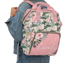 Personalized Baby Girl Diaper Bag, Backpack, Tropical Floral, Pink Floral Nursery Decor, Baby Girl Shower Gift, Floral Diaper Bag, Hibiscus