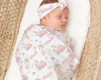 Boho Surfer Girl Swaddle Blanket with Headband, Personalized Baby Gift, Knit Blanket, Girl Crib Bedding, Surf Girl Nursery, Baby Bedding