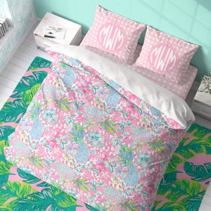 Preppy Bedding Set, Tropical Girls Room, Pineapples, Palms, Monogram, Comforter, Duvet Cover, Toddler, Twin, Full, Queen, King, Pink Lime