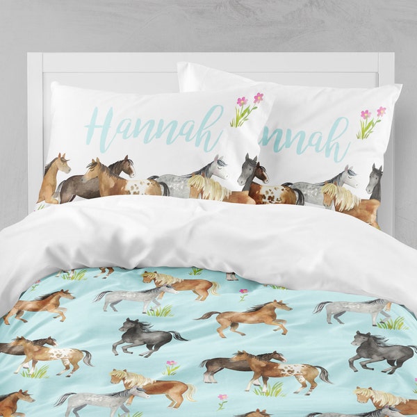 Girl Horse Bedding Set, Pillowcases, Personalized Comforter, Duvet Cover, King, Queen, Full, Toddler Girl Bedding, Western Girls Room Decor