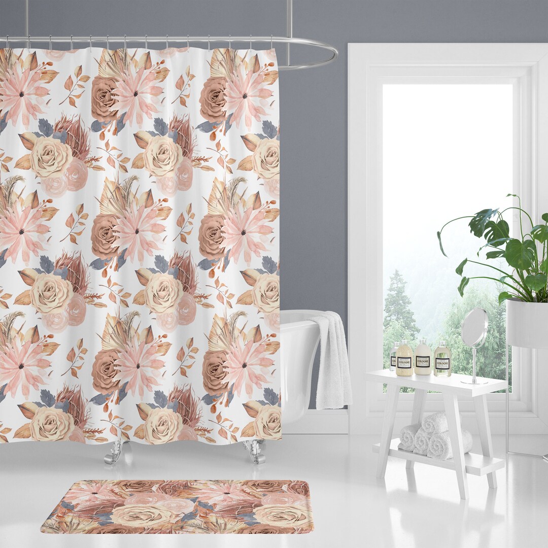 Boho Floral Shower Curtain, Kids Bathroom Decor, Girls Shower Curtain, Boho Bath Mat, Floral ...