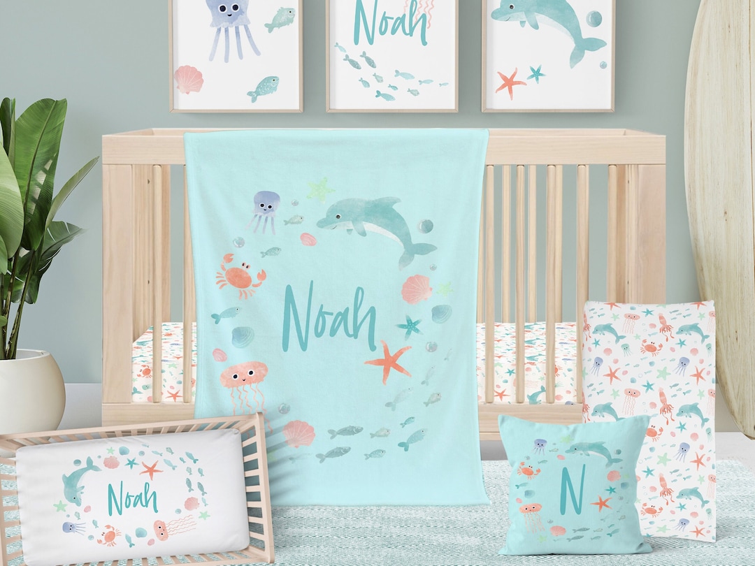 Neutral Crib Bedding, Under the Sea Baby Nursery Decor, Boy Crib