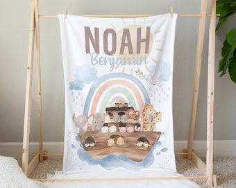 Noah's Ark Baby Blanket with Elephants and Giraffes | Add a Crib Sheet or Changing Pad Cover for Baby Boy Christening Gift Set