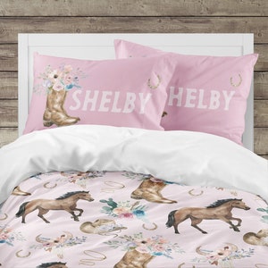 Cowgirl Comforter Set, Western Girl Bedding, Duvet Cover, Pillowcases, Floral, Cowboy Boots, Horse, Full, Queen, Twin, Toddler, King, Pink