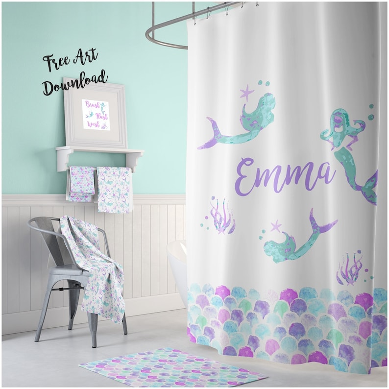 Mermaid Shower Curtain Personalized Kids Bathroom Bath Mat Towel Room Decor Girls Scales