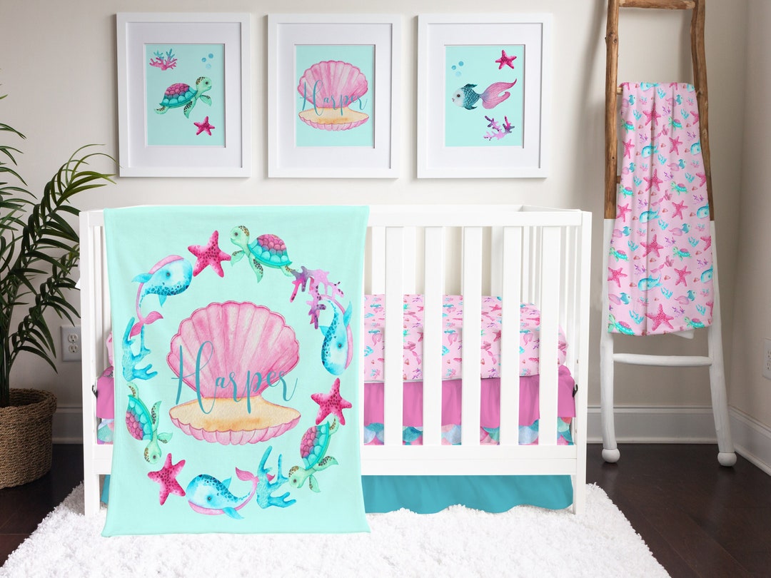 Baby Girl Ocean Crib Bedding Pink and Aqua Beach Baby Etsy